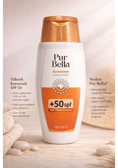 Pur Bella Sun Spf 50+ Güneş Koruyucu Krem 150 Ml Uva Uvb Pa++++ Yüksek Koruma