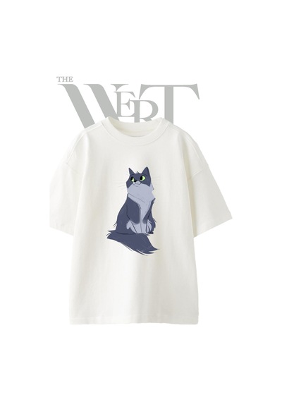 Thewert Cartoon Cat Tasarım Baskılı Ünisex Beyaz Oversize T-shirt