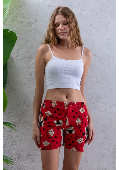 Giysa Kadın Beli Lastikli Desenli Şort Pijama Altı Kırmızı - 2027 Kırmızı