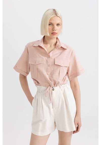 DeFacto Cropped Fit Gömlek Yaka Keten Karışımlı Kısa Kollu Bluz C6812AX24SMBR134