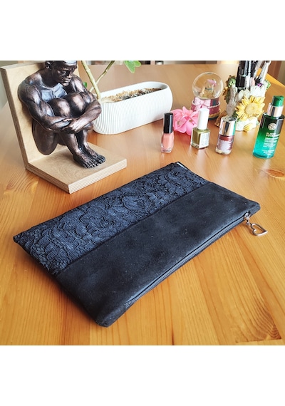 Ju Yaratıcı Tasarım Kadın Portföy & Clutch Çanta Süet Dantel Siyah