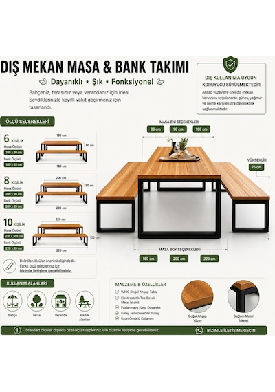 Masif Çam Ahşap Bahçe Masa Bank Takımı - Metal Ayaklı, Dış Mekan Koruyucu Vernikli Çam Ağacı