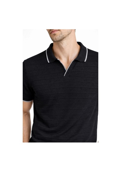 Barlashive Erkek Yazlık Dokuma Triko Tişört Düğmesiz Polo Yaka Kısa Kol T-shirt - Siyah Çok Renkli