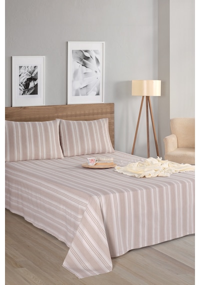 Eponj Home Sport Çizgili Çarşaf + Yastık Kılıfı Seti Çift Kişilik Soft Line Bej Bej