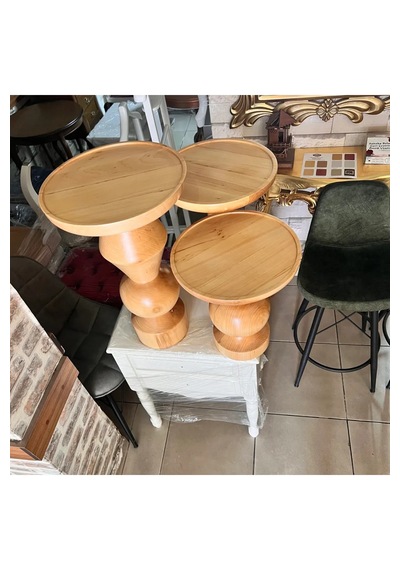 Wood Ahşap 3 Lü Set Fitilli Mantar Yan Sehpa Modern Fiskos / Çiçe