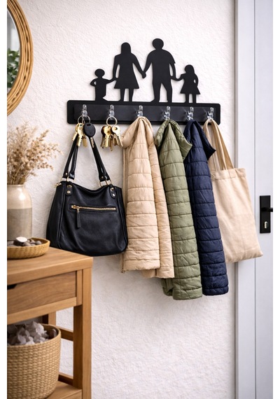 Aile Figürlü Dekoratif Duvar Askılığı 6 Kancalı Mdf Anahtarlık Ve Askı 38 X 30 Cm Siyah Siyah