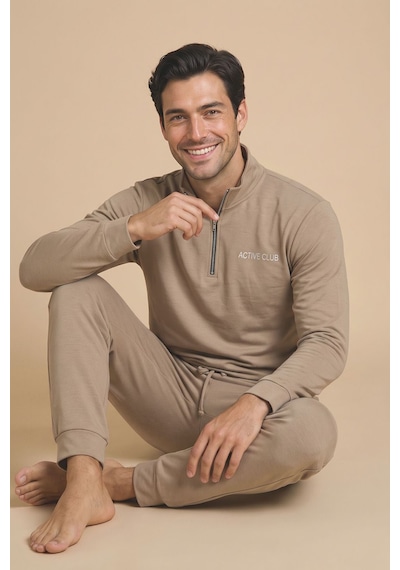 Wordex Mirano 3252 Erkek Fermuar Detaylı Kışlık Spor Eşofman Pijama Takımı Bej