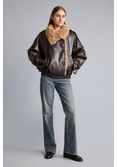 Defacto Oversize Peluş Yakalı Kruvaze Suni Deri Mont I2761ax26wnbn530 Kahve-bn530