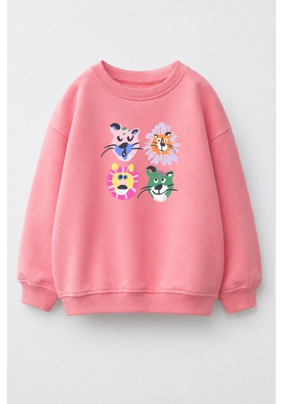 Monila Kız Çocuk 3 İplik Kumaş Pamuklu Hayvan Baskılı Sweatshirt Pembe
