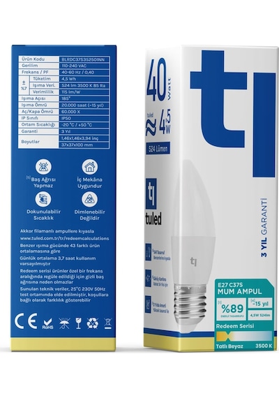 Redeem C37S E27 Mum Ampul, Titreşimsiz, Göz Konforu, 524 Lümen, Tatlı Beyaz, 3500 Kelvin