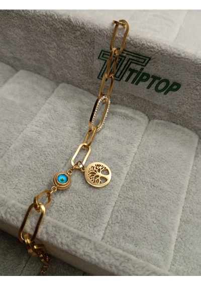 Tiptop/ Gold Renk Zincir Model Zirkon Taşlı Hayat Ağacı Ve Nazar Borcuklu Bileklik Gold