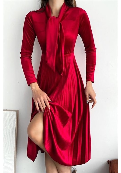 Dip Moda Kadın Yakası Bağlama Detaylı Piliseli Kadife Elbise Dpnbq012 Kırmızı