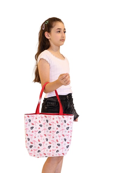 İcone Bag Desenli Kız Çocuk Plaj Çantası, Baskılı Çocuk Günlük Çanta Beyaz