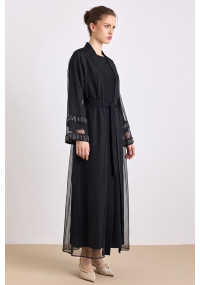 Olcay Kolları Taş Detaylı Organze Abaya Takım Siyah 9449-tk