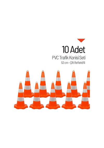 10 Adet Pvc Trafik Konisi 52 Cm Çift Reflektifli Trafik Dubası Seti-3547