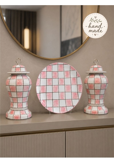 Salon Seti - Pembe Damalı Dekoratif Obje Tabak Şah Küp Gümüş