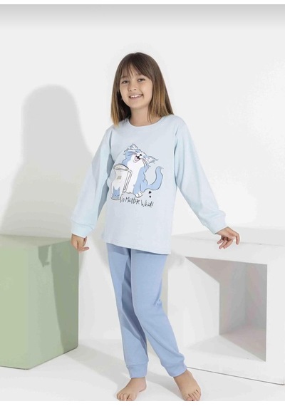 Kız Çocuk Kedi Baskılı Uzun Kollu Pijama Takımı Rahat Ev Giyimi-8411- Mavı