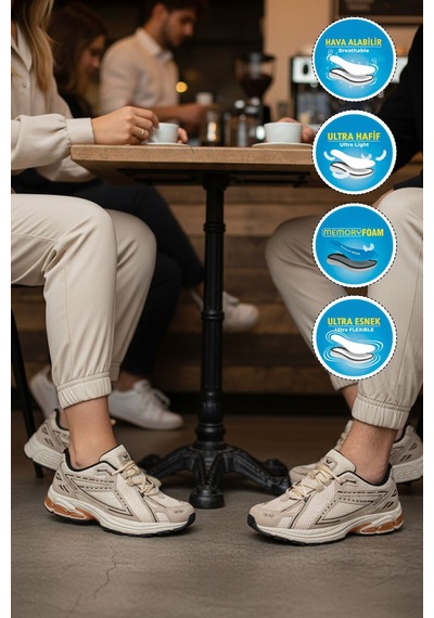 Walkway Bej Fileli Hafif Esnek Hafızalı Taban Unisex Spor Ayakkabı Ruth G Bej