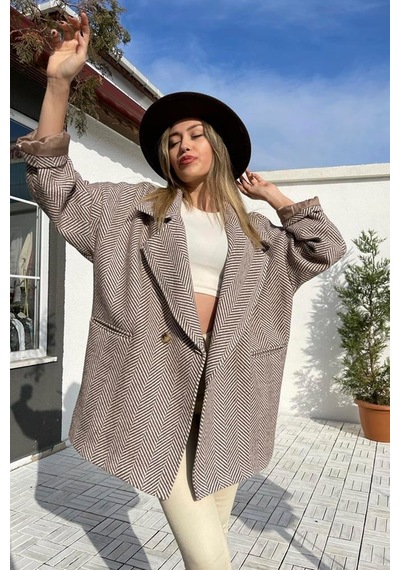 Perry Oversize Kruvaze Kaban-camel-balık Sırtı Desen