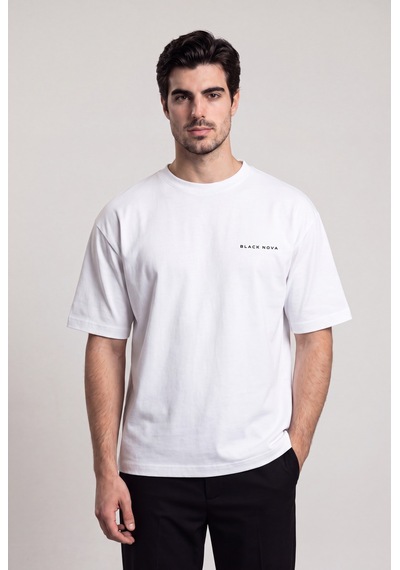 Black Nova Oversize Baskılı Unisex Tişört Bn Helmet Beyaz