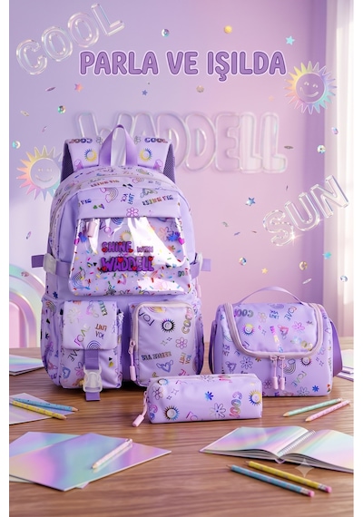 Waddell Kawaii Kore Tarzi Twil Kumas Desenli Sirt Cantasi Beslenme Cantasi Ve Kalemlikli Uclu Se Mor