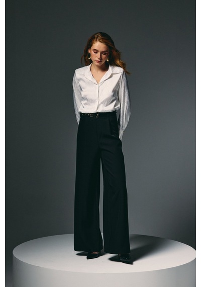 Sateen Kemerli Bol Pantolon - Siyah-136820 siyah