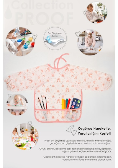 Proof Uzun Kollu 4-6 Yaş Boyama Etkinlik Aktivite Anaokul Kreş Bebek Çocuk Önlüğü Su Geçirmez Cream