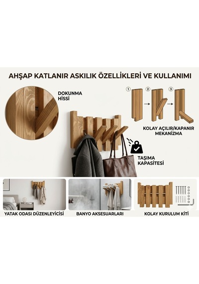 Doğal Ahşap Vestiyer Ahşap Askılık Piano Askılık 4 Lü Meşe