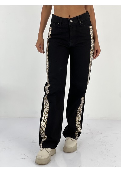 Miss Poem Kadın Yanları Leopar Desenli Denim Siyah Kot Pantolon Siyah