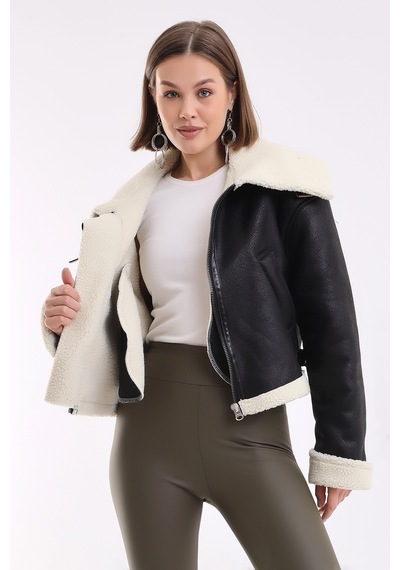 Winmoda34 İçi Kürk Astarlı Biker Kısa Ceket Siyah