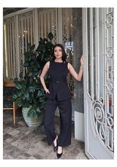 Kechi Woman Double Kumaş Astarlı Yelekli Takım Şık Cool Siyah