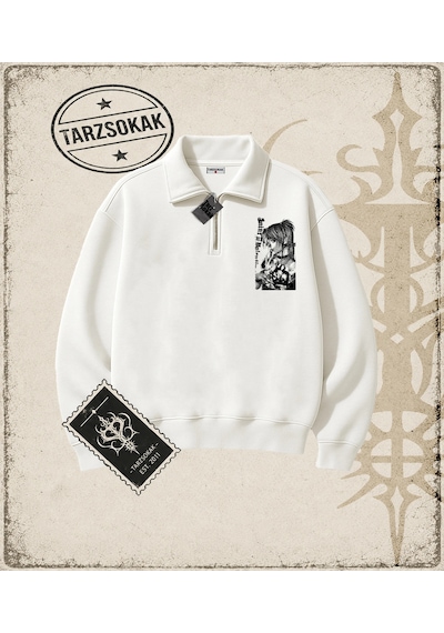 Tarzsokak Gotik & Grunge Streetwear Vintage Anime Misa Amane Saint Gotik Y2k Yarım Fermuarlı Sweatshirt Beyaz