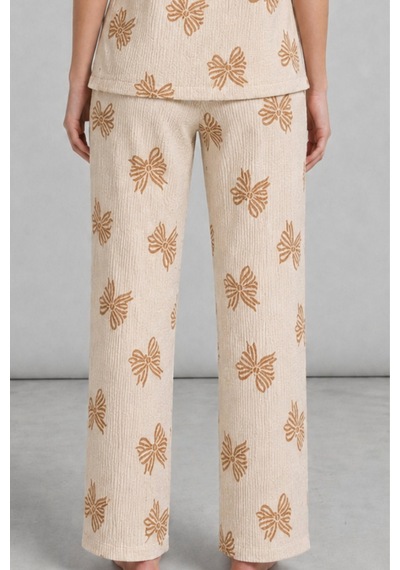 Kadın Kısa Kol Desenli Ekru Pijama Takımı 4739