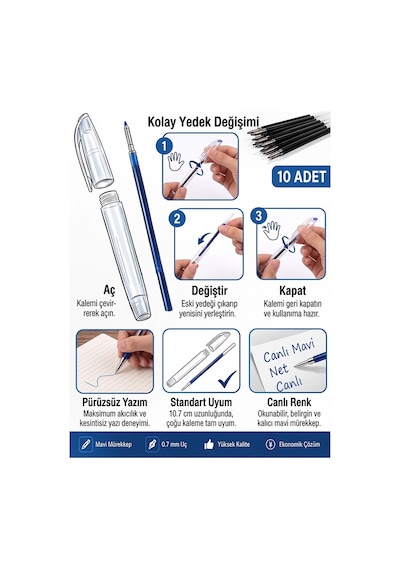 Siyah Plastik Tükenmez Kalem Yedeği 10 Adet 10.7 Cm Tükenmez Kalem İçi Yedek Plastik Tükenmez Kalem İçi Okul Ofis Jel