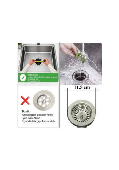 Derin Büyük Mutfak Evye Lavabo Çöpmak Sifonu Paslanmaz Geniş Süzgeç Gider Borusu