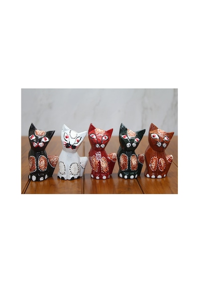 3 Adet Ahşap Kedi Seti 5'li Figür Seti 8 Cm Yükseklik Ahşap Kedi Figürleri Cat Set Wooden Figurines