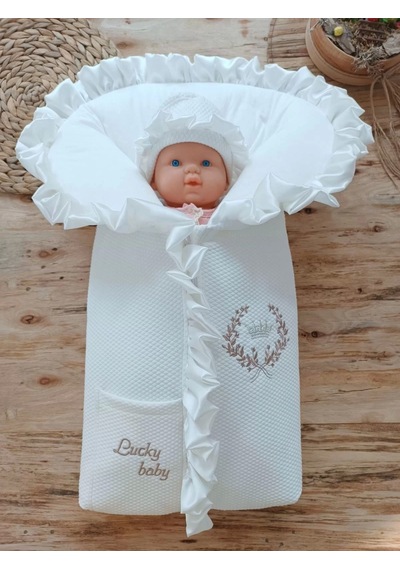 Yenidoğan Ultralüks Fermuarlı Ve Cepli Lucky Baby Nakışlı Bebek Battaniyesi Kundak Ekru Ekru