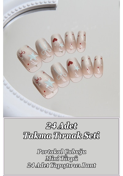 Kısa Küt 24 Adet Takma Tırnak Seti Simli Ve Yıldızlı Tırnak R853 Kahverengi