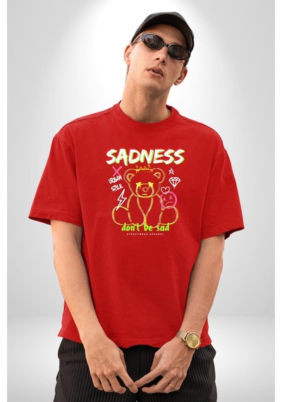 Üzüntü Üzülme Pamuklu Bisiklet Yaka Unisex Oversize Boyfriend Dijital Baskılı Kırmızı T-shirt Kırmızı