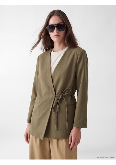 Lcw Modest Haki Kruvaze Yaka Bağlamalı Oversize Kadın Blazer Ceket