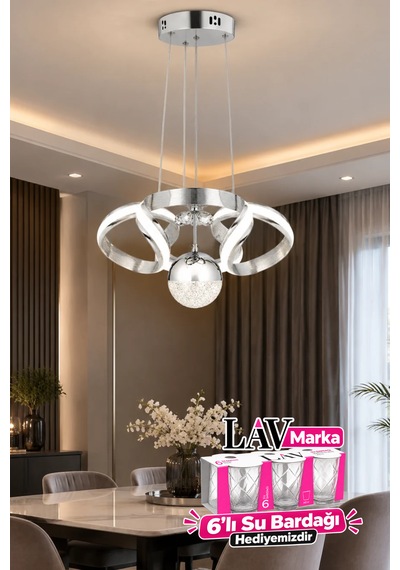 Çizgili Kasa Diana Power Led Avize Krom Modern Dekoratif Halka Tasarımlı Salon Ve Yemek Odası Aydınlatma