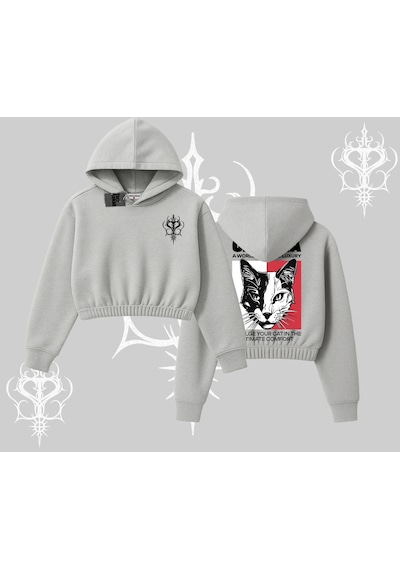 Modern Kedi Temalı Arka Baskılı Kapşonlu Crop Sweatshirt Gri