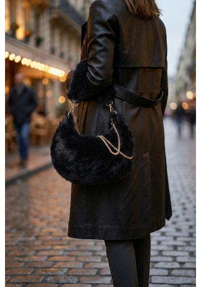 Vivazzaluxe Vintage Peluş Kürk Model Sonbahar, Kış Tote Bag Kadın El, Omuz, Çapraz Çanta Siyah