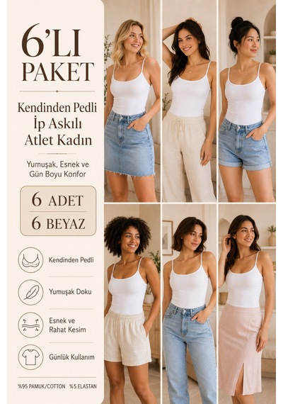 Loule Kadın 6'lı İp Askılı Pedli Atlet Beyaz %95 Pamuk