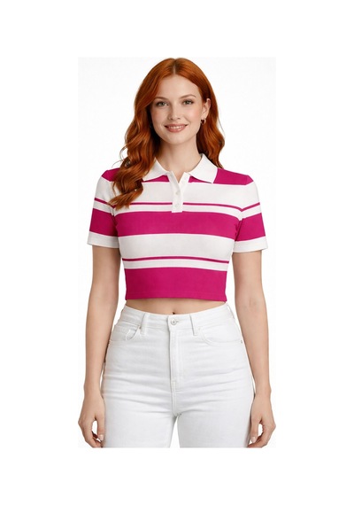 Neden Tekstil Çizgili Polo Yaka Düğmeli Triko Crop Bluz - Fuşya