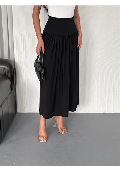 Wear Vexel Sandy Uzun Beli Lastikli Yüksel Bel Etek Yazlık - Siyah Çok Renkli