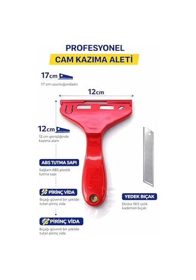 Profesyonel Cam Kazıma Bıçağı, Sk5 Çelik Keskin Uç, Abs Ergonomik Sap, 100x18 Mm, 2 Yedek Bıçaklı Cam Ve Yüze Diğer