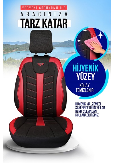 Siyah - Kırmızı Garni Panda Mardin Serısı Keten Kumaş Oto Koltuk Kılıfı - Tam Set