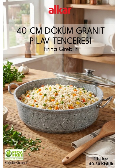 40 Cm Ağır Döküm Granit Yanmaz Yapışmaz Fırına Girebilir Pilav Tenceresi Açık Mavi