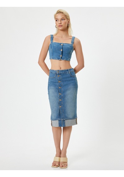 Koton Koton X Melis Ağazat - Kot Crop Büstiyer Düğmeli Askılı Orta İndigo 4sal30045md